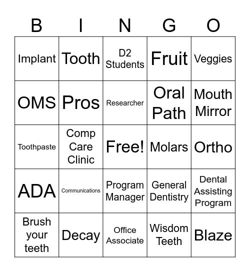 UAB Dentistry Game 2 Bingo Card