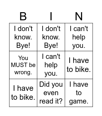 Unhelpful Responses Bingo Card