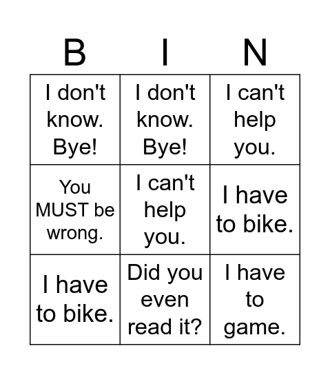 Unhelpful Responses Bingo Card