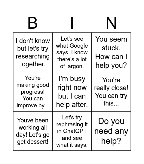 Better and More Supportive Responses Bingo Card