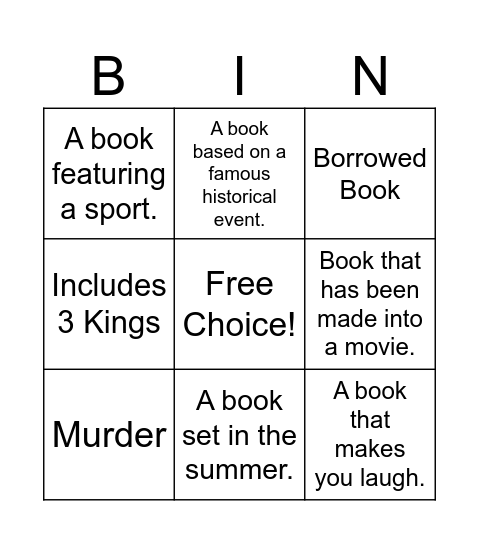 Reading Challenge Bingo Card