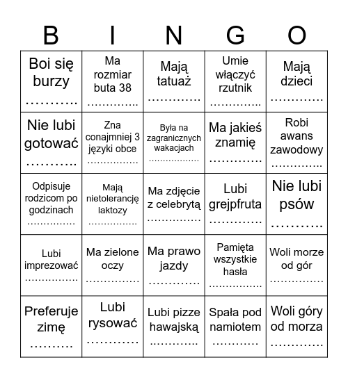 Znajdź osobę, która… Bingo Card