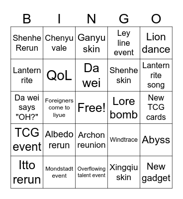 4.4 genshin livestream Bingo Card