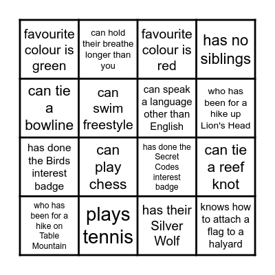 Getting to know you Bingo Card