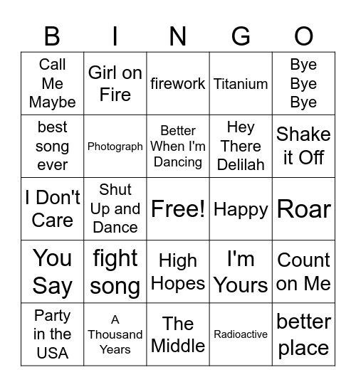 Pop Songs Bingo Card