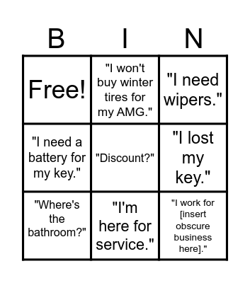 Parts Bingo Card