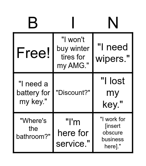Parts Bingo Card
