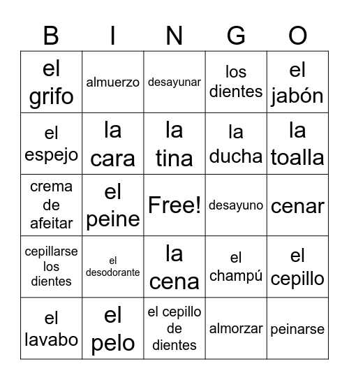 SP2 Bathroom Objects Bingo Card