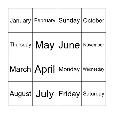 Months Weekdays Bingo Card