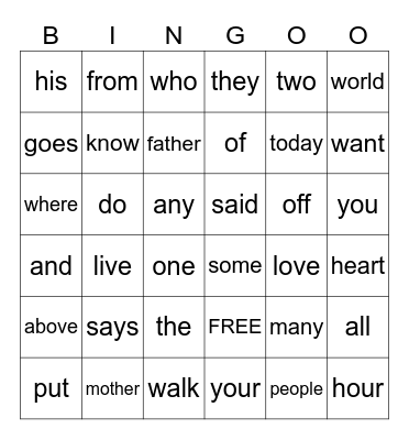 Heart word Bingo Card