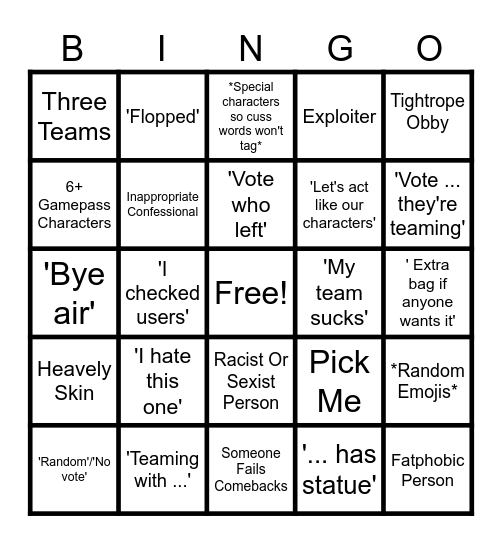 Total Roblox Drama Bingo (Camp) Bingo Card