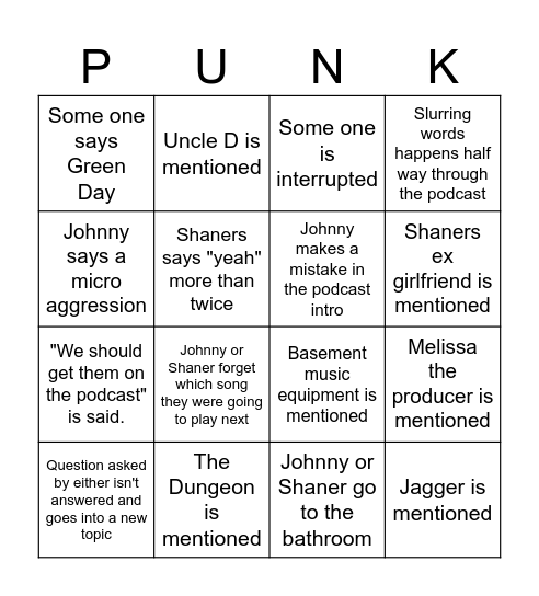 Punk Rock Dadcast Bingo Card