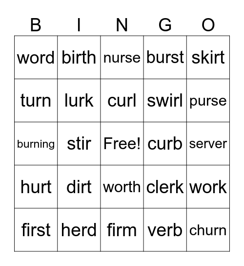 R-controlled vowels: er, ir, or, ur Bingo Card