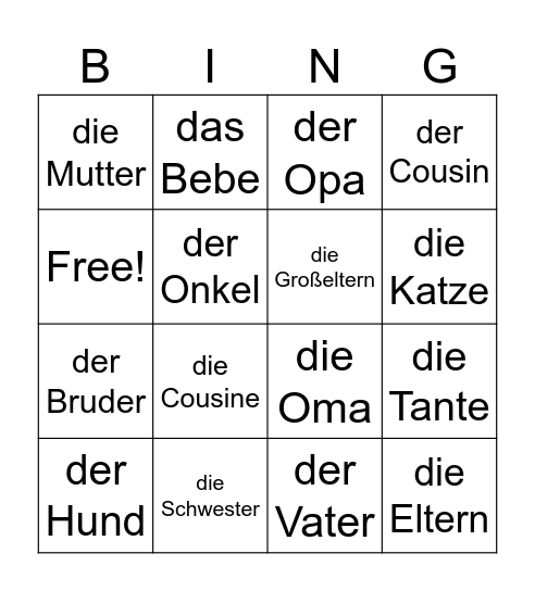 die Familie Bingo Card