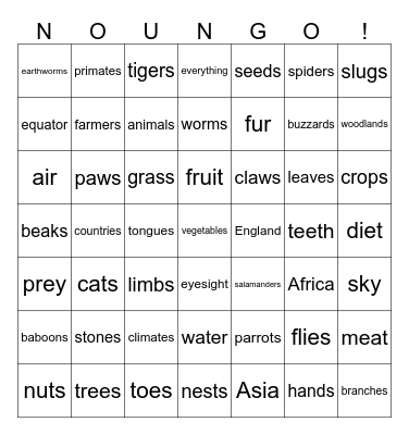 Animal Nouns Bingo Card