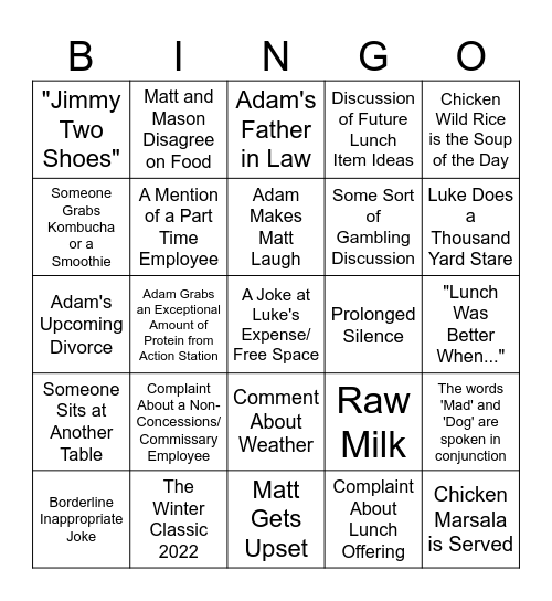 Lunchroom Bingo Card