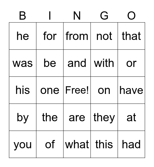 first grade Bingo Card
