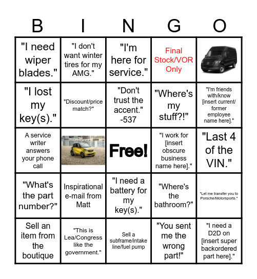 Parts Bingo Card