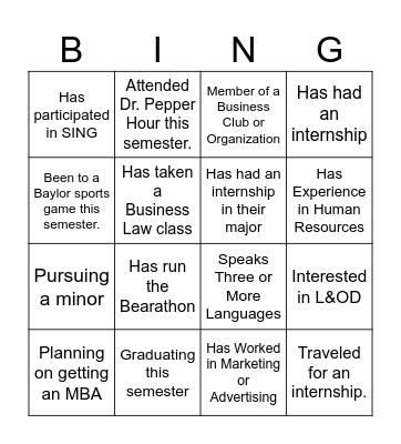 BUS 3345 Ice Breaker Bingo Card