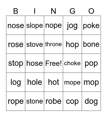 Long O-E & Short O Bingo Card