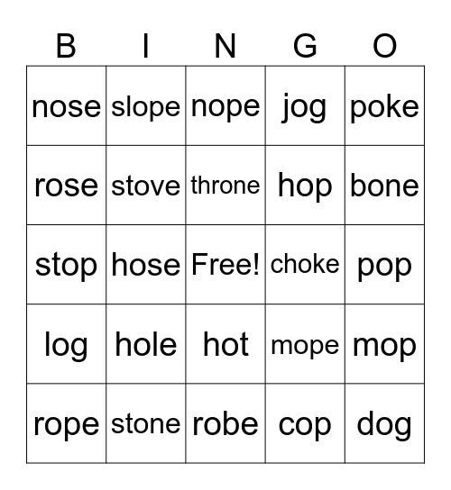 Long O-E & Short O Bingo Card