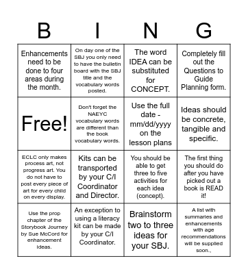 Story Book Journey Bingo Card