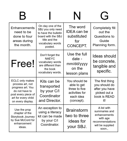 Story Book Journey Bingo Card