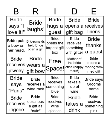 Megan's Bridal Shower Bingo Card