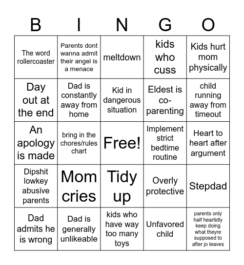 Supernanny Bingo Card