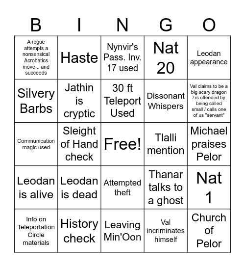 Sliver of Infinity: Day 2 in Min'Oon Bingo Card