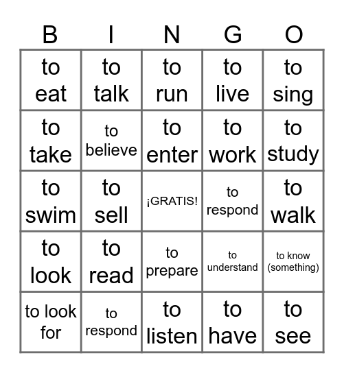 los verbos en -ar y -er Bingo Card