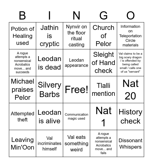 Sliver of Infinity: Min'Oon Day 3 Bingo Card