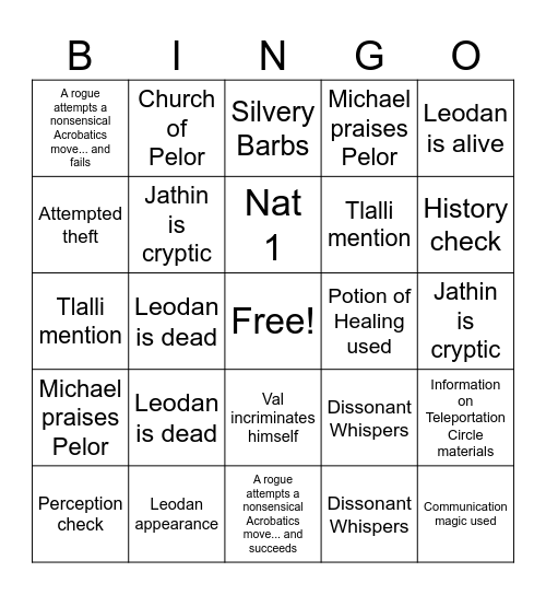 Sliver of Infinity: Min'Oon Day 3 Bingo Card