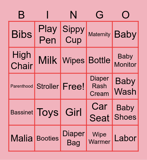 Serina's Baby Shower Bingo Card