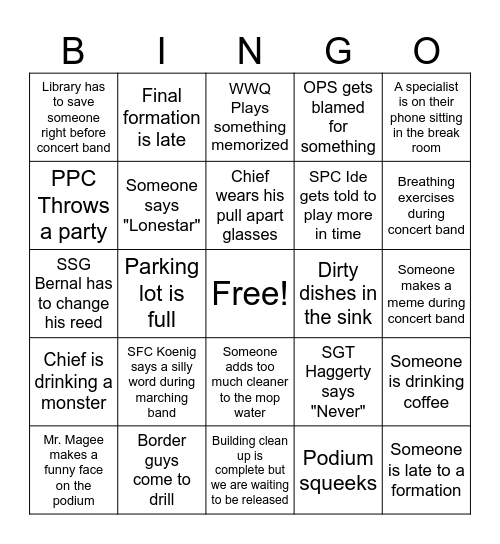 36th ID Band Bingo Card