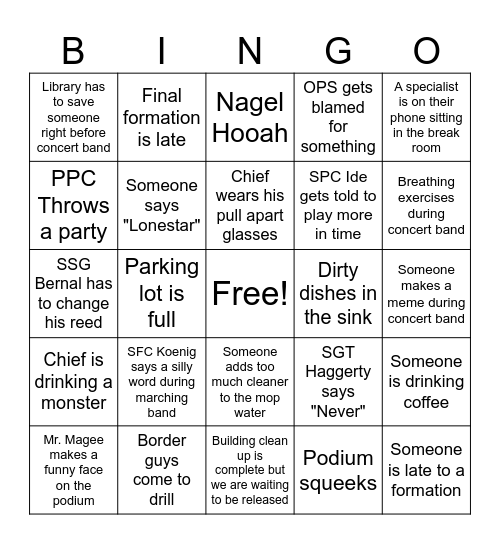 36th ID Band Bingo Card