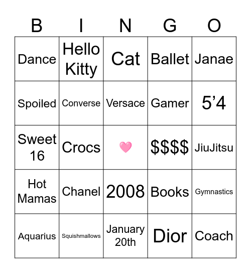 Morgan's Sweet 16 Bingo Card