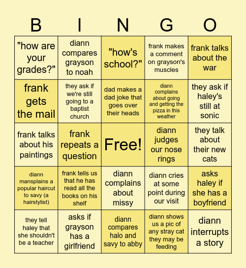 christmas at the in-laws Bingo Card