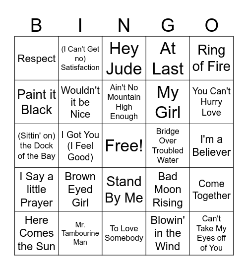 1960s BINGO by Song Bingo Card