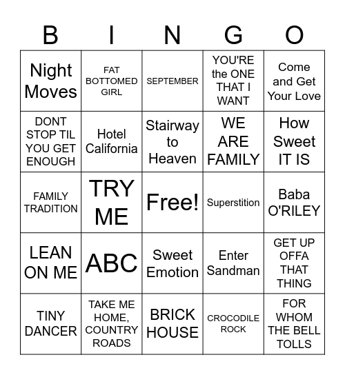 MUSIC BINGO ROCK/SOUL/COUNTRY Bingo Card