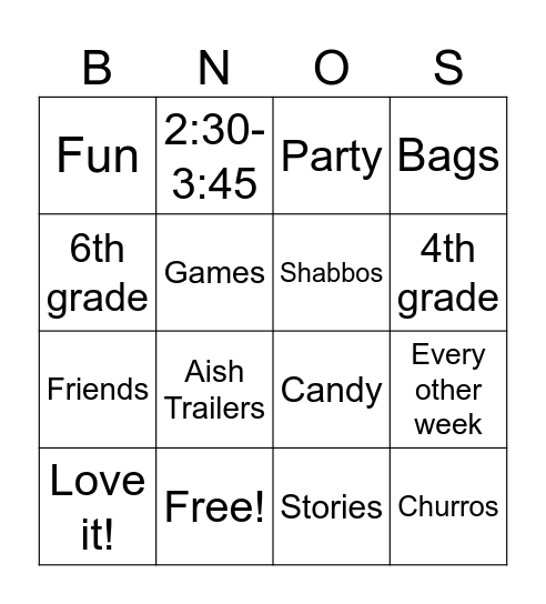 Bnos Bingo Card