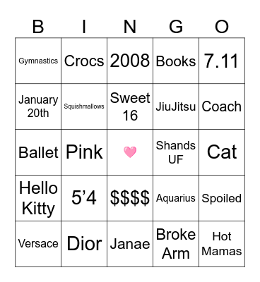 Morgan's Sweet 16 Bingo Card