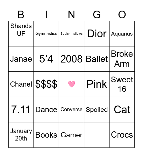 Morgan's Sweet 16 Bingo Card