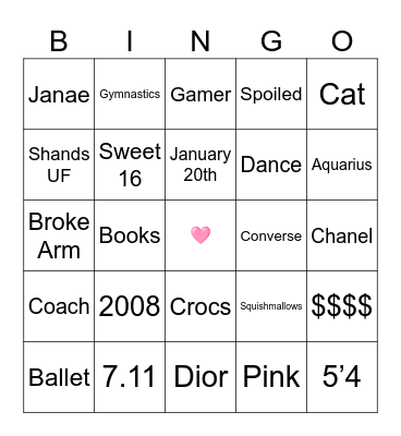 Morgan's Sweet 16 Bingo Card