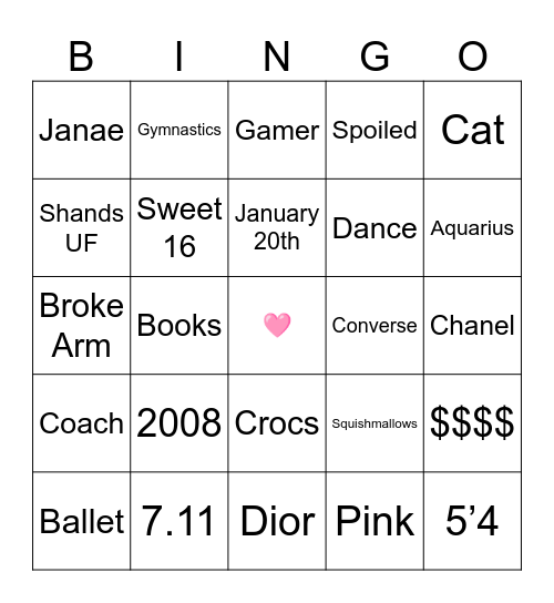 Morgan's Sweet 16 Bingo Card