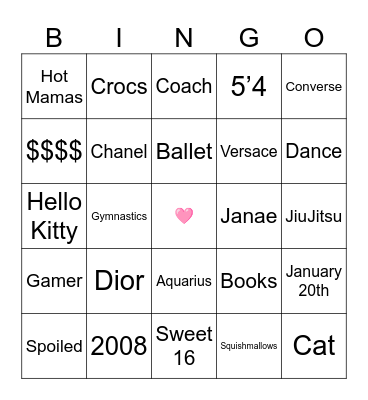 Morgan's Sweet 16 Bingo Card