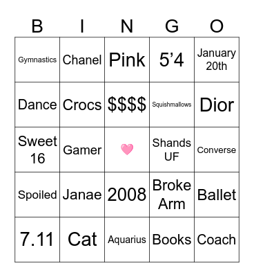 Morgan's Sweet 16 Bingo Card