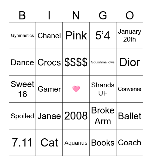 Morgan's Sweet 16 Bingo Card