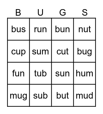 CVC Short U Bingo Card