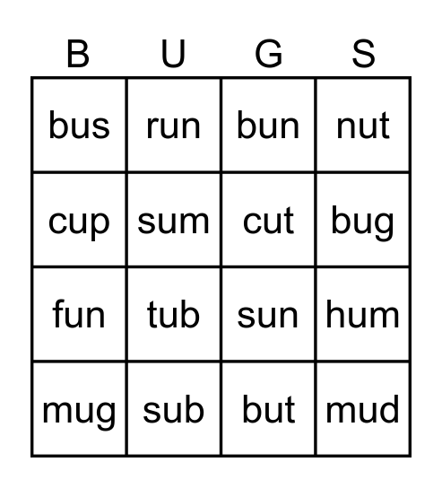 CVC Short U Bingo Card
